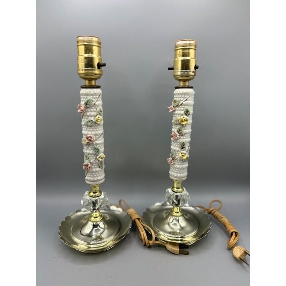 Vtg Table Lamp Set Floral Porcelain Leaded Crystal Table Electric - Picture 1 of 8